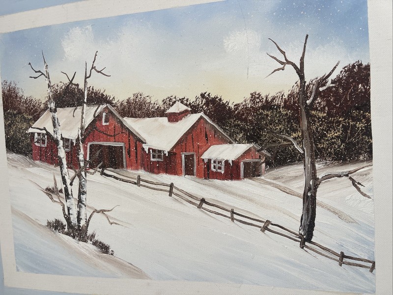 Farmhouse Landscape Painting Red Barn Snow Winter Rustic Country Canvas 16x20” gallery