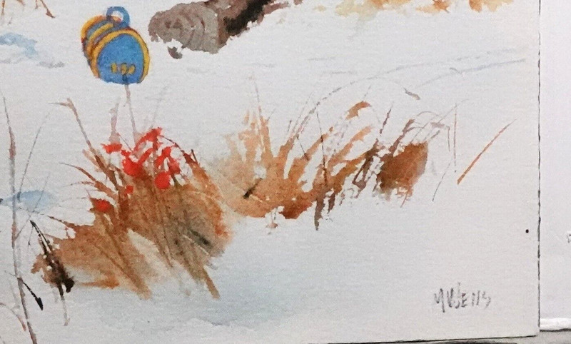 M. WELLS KIDS PLAYING IN THE SNOW ORIGINAL WATERCOLOR LANDSCAPE PAINTING gallery