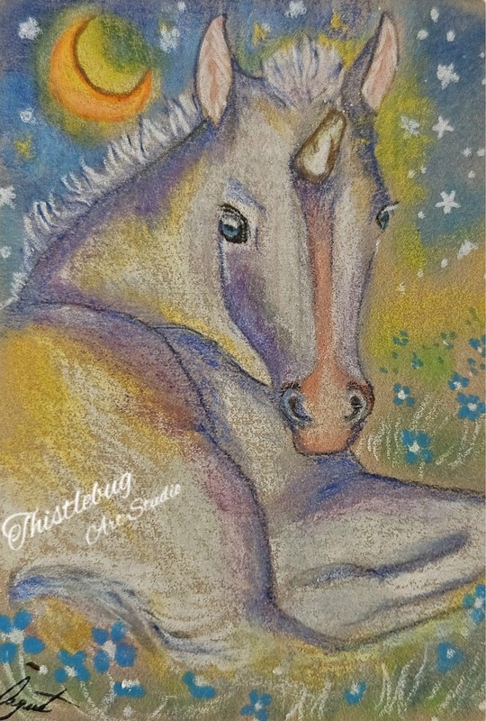 ACEO Unicorn Foal Horse Mythical Animal Magic Original Pastel Painting Signed
