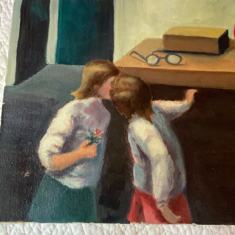 Children portrait original oil painting Vintage by WHS kissing first kiss school gallery