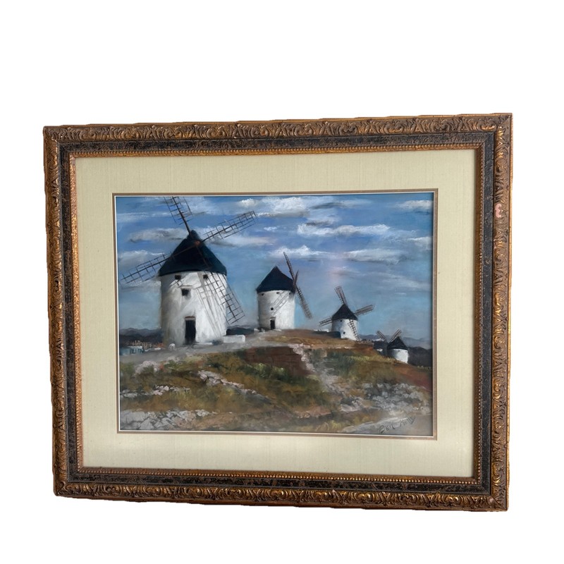 Original painting by Ben Kelley Spanish Windmills 19×25 Frame Behind Glass 30×36