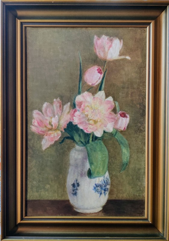 PINK FLOWERS IN VASE, original oil painting
