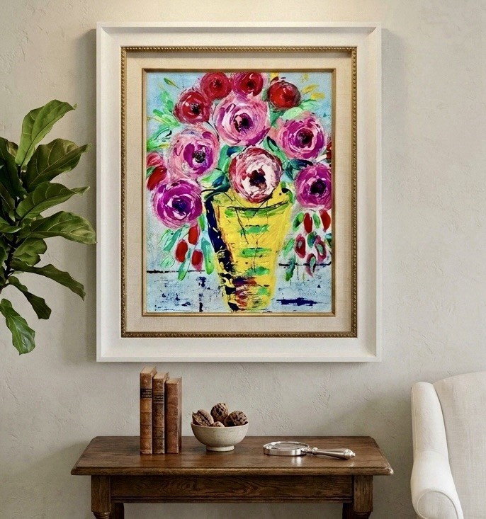 Original OOAK Abstract Floral Still Life Yellow Vase Painting Signed Canvas