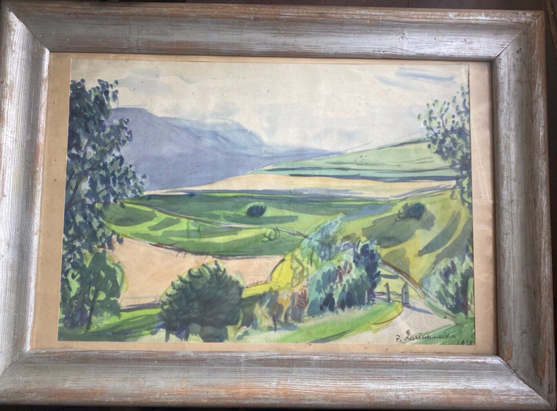 Watercolor View Over Vineyards Signed Lauschneider Frame Around 1938 Rhine