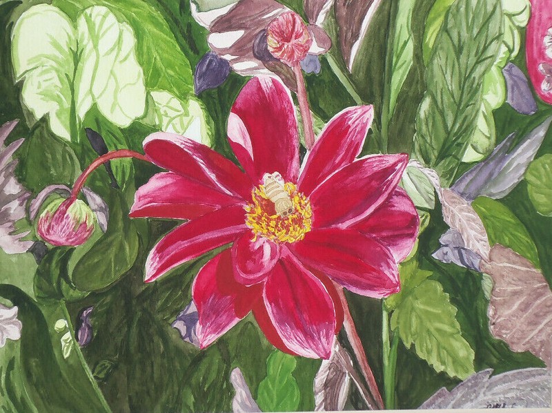 Flower & Bee Watercolor Painting Original Garden Art Nature Art Signed by Artist