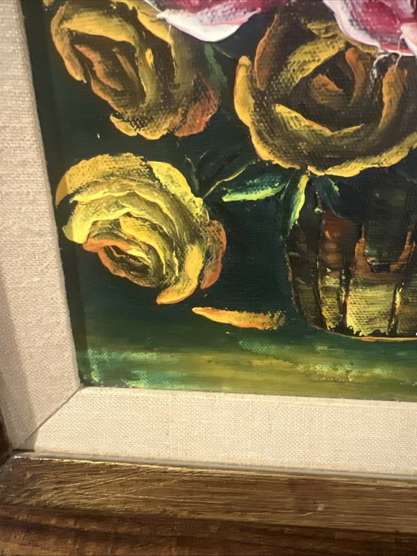 Oil painting bouquet of pink and yellow roses vase Signed gallery