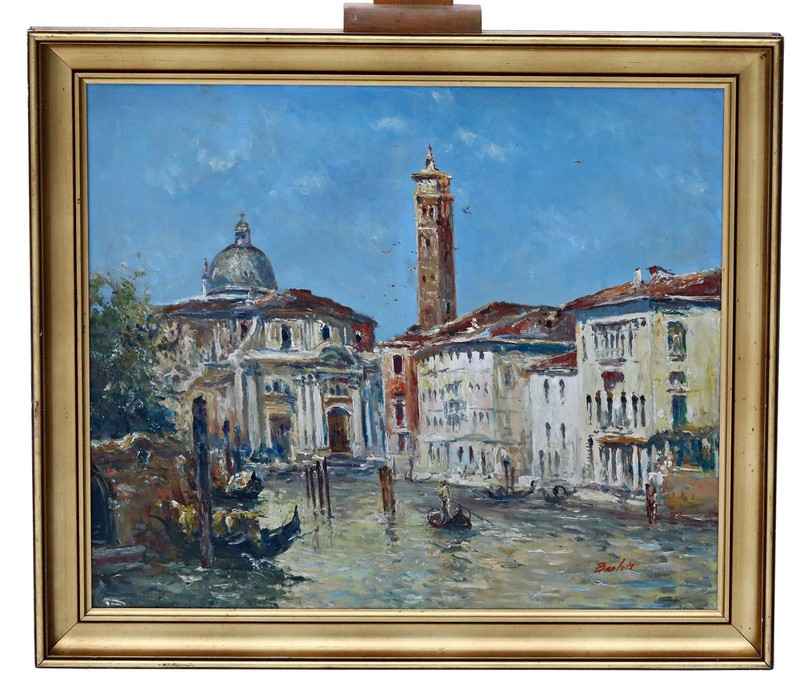Venice Canal View Gondolas Church Oil Painting on Canvas Signed With Frame