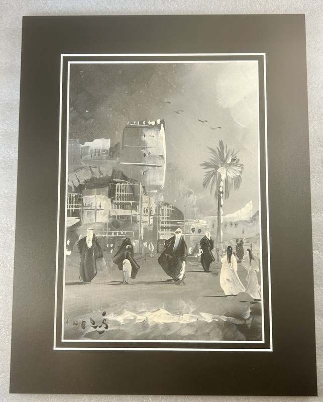 Middle Eastern Painting Black & White Scene Art Signed Arabic Desert Town 10.5×8
