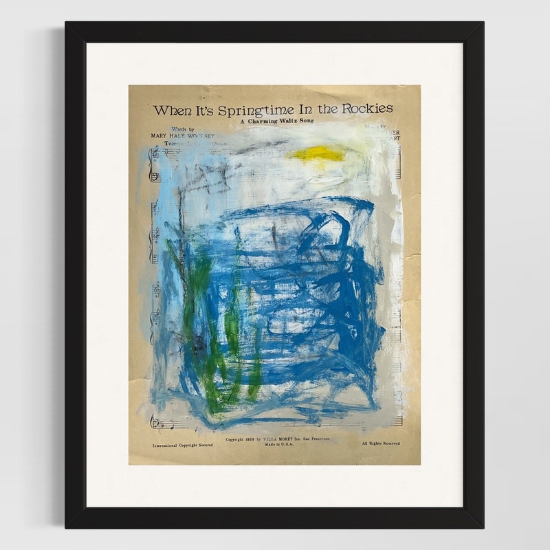 Original Abstract Art Painting «Springtime in the Rockies» On Sheet Music 9×12