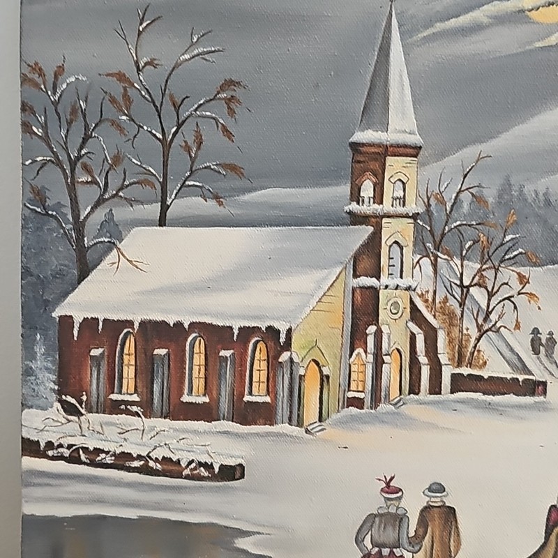 Moonlight Winter Village Scene Painting Signed 20" X 16" Sleigh Snow gallery