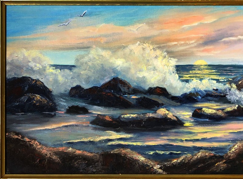 MID CENTURY SIGNED DRAMATIC CALIFORNIA COASTAL SEASCAPE PAINTING 30 x 18" FRAME gallery