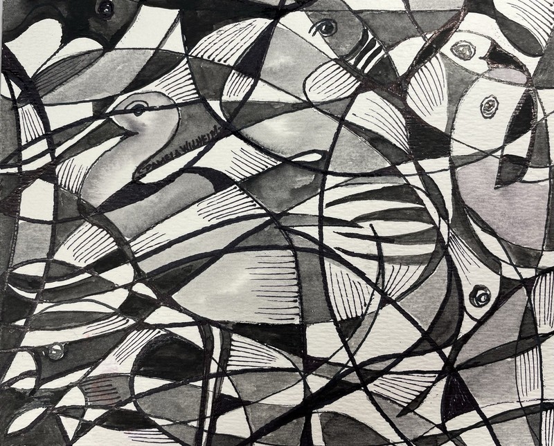6”x7.5” Pamela Wilhelm Original Watercolor Black Grey Abstract Patterns Birds