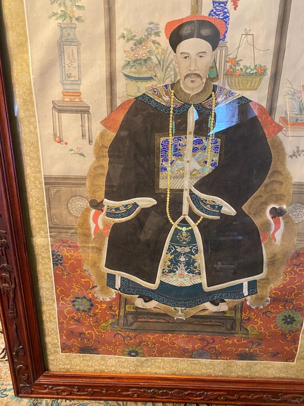 Huge Antique "Portrait of A Mandarin Court Official" Painting - Rosewood Frame gallery