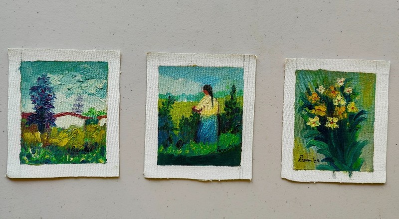 Set of 3 Original Peruvian Andes Oil Paintings 4×5 Signed Pezantes One of a Kind