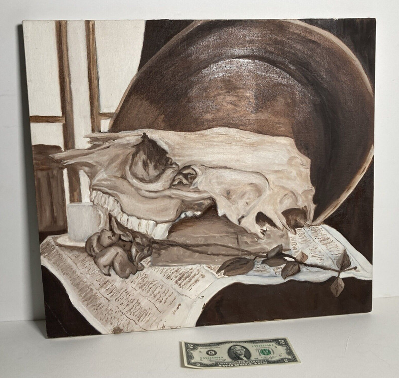 Vintage Original Oil Painting -Still Life Skull, Flowers, Basket, Coffee -Signed