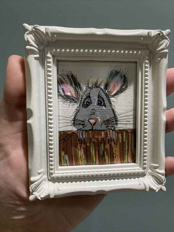 Funny Mouse,Original Painting On Paper,3/4,framed,miniature,small,mini gallery