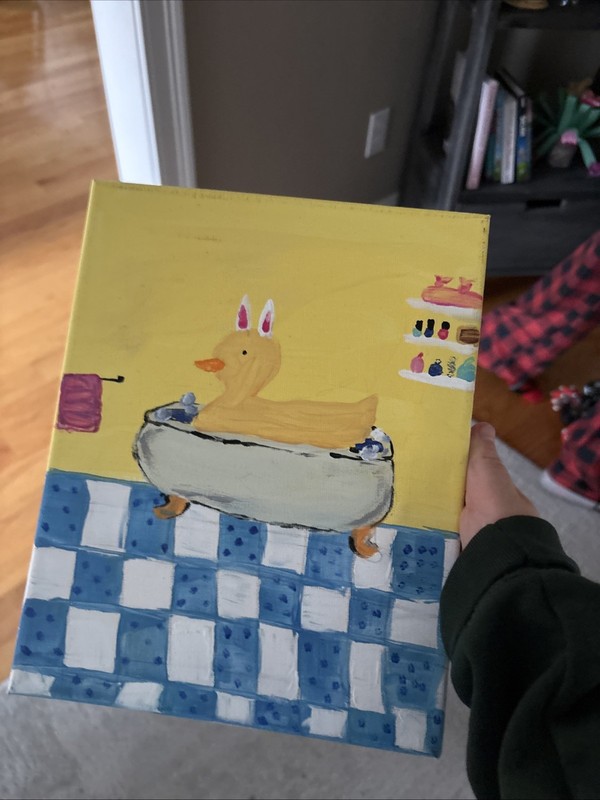 Duck In Bathtub Yellow Background Blue Tiles Shells And More Canvas Painting