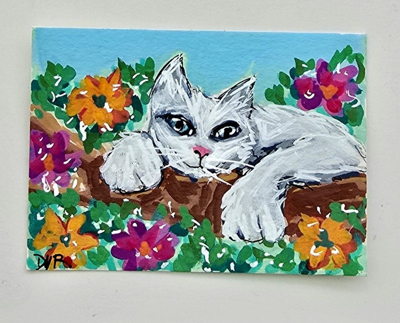 Original ACEO White Cat Branch Foliage Flowers Dulce Maria Rico»CAMELLIA»