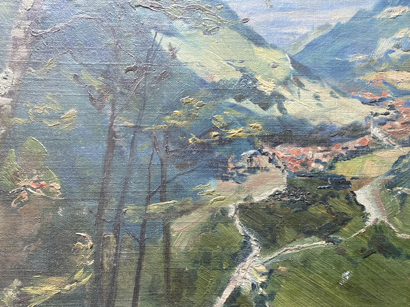 ::OIL PAINTING LANDSCAPE VIEW INTO A VALLEY 1913 IMPRESSIONIST TREES ANTIQUE FRAME gallery