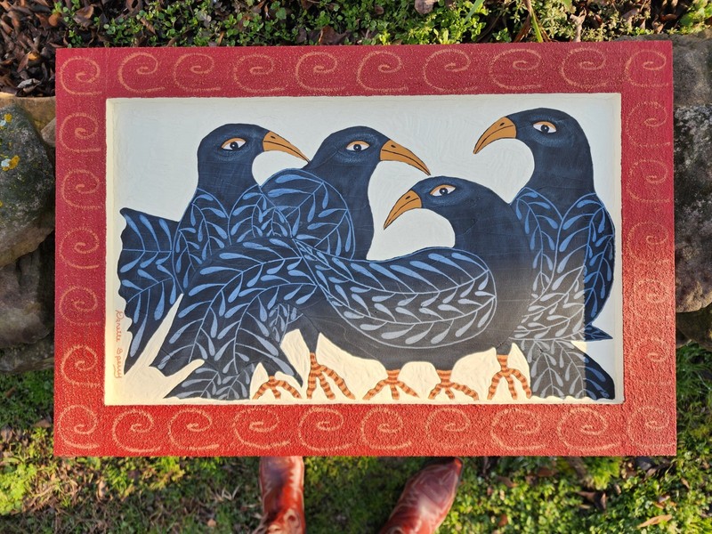 Danette Sperry Southern Primitive Bird Folk Art Painting Crows «Friendly Chatter