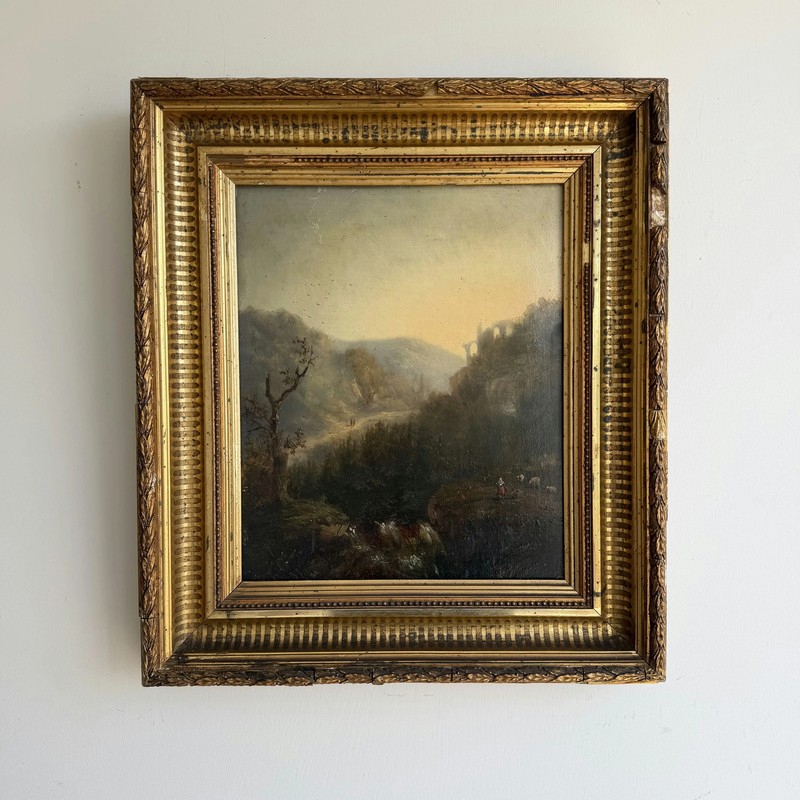 19th Century Antique Landscape Oil Painting «Gilded Frame» Belgique Art