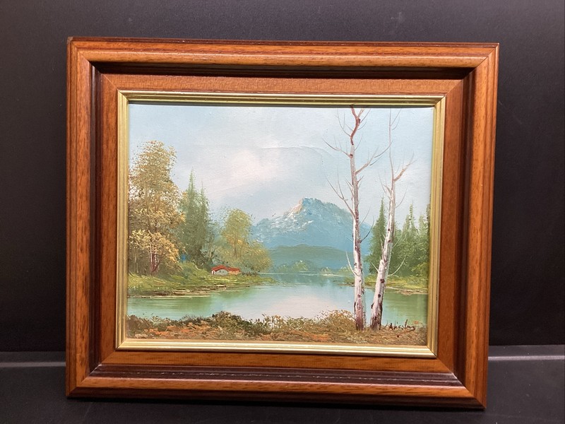 Oil On Canvas Mountain Lake Cottage Scene Signed By Artist