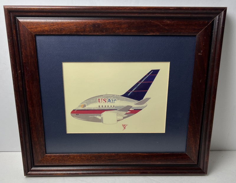 Vintage USAir Plane by Hurley Signed Framed & Matted 1997 Art Print Drawing