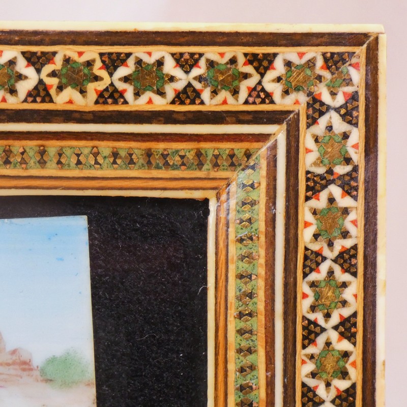 Persian Suratgari Polo Scene Miniature Painting on Bone Khatam Marquetry Frame gallery