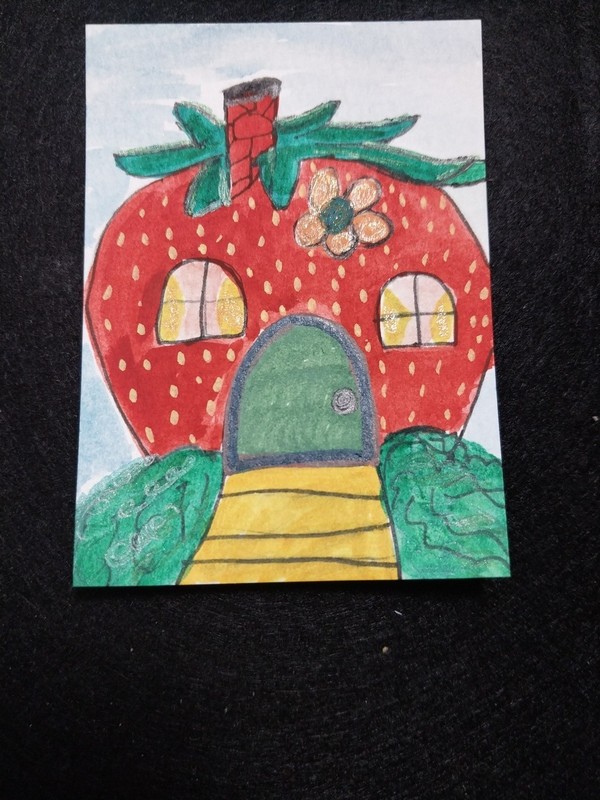 ACEO Original Art Tiny Art ATC Watercolor Strawberry House Whimsical Fantasy GAT gallery