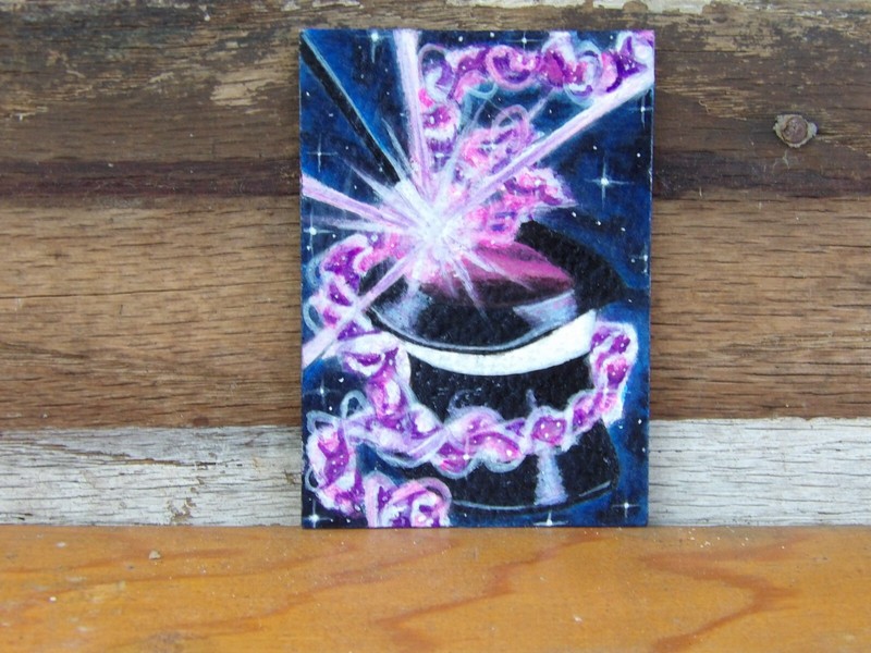 ACEO ORIGINAL ACRYLIC ART CARD IT'S MAGIC MAGICIAN'S HAT & WAND gallery
