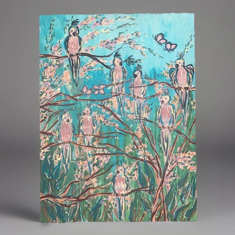 Vintage Original Painting PARROTS Birds JUNGLE Tree Branches 24” X 18” Rare