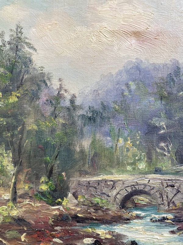 NATURALIST LANDSCAPE WITH RIVER BRIDGE BANK STONES TREES MOUNTAINS SKIES SWEDEN gallery