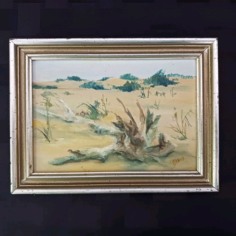 Maine Artist Carol Sebold Original Oil On Canvas- Driftwood On Sand Dune- 8″x6″