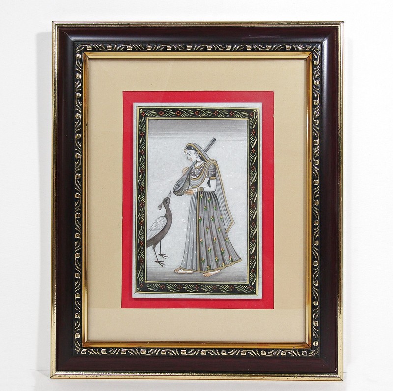 Rajasthani Ragamala Miniature: Ragini Kakubha w/ Peacock, Veena, Framed 9×11