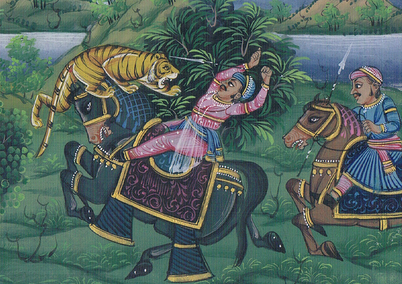 Mughal Indian Miniature Painting Of Hunting scene Tiger On Marble Plate 6x4" gallery
