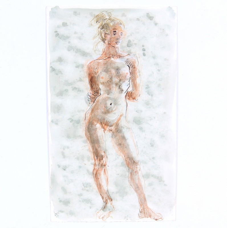 Lois Davis Standing Female Nude Model Watercolor Listed Indiana Artist 22 x 13