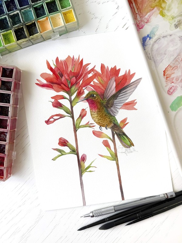 Original Watercolor Hummingbird and Red Flowers 8x10 Painting Unique Artwork gallery