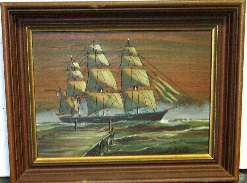 LAWRENCE FORBES WOLFE SAIL BOAT ON THE HIGH SEAS OIL ON WOOD PANEL PAINTING