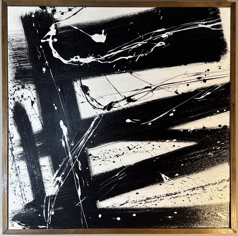 Abstract Black And White Oil Painting Signed Illegible Dated 2017 Contemporary