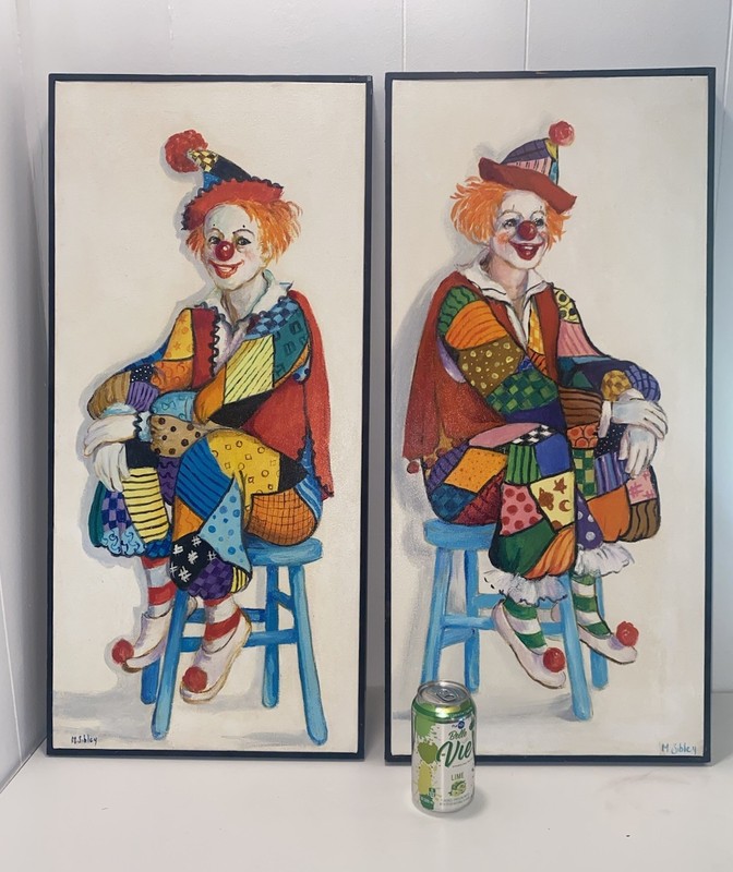 2 Pc SET Vintage MCM Original Oil Paintings CLOWNS Signed M. SIBLEY Memphis TN