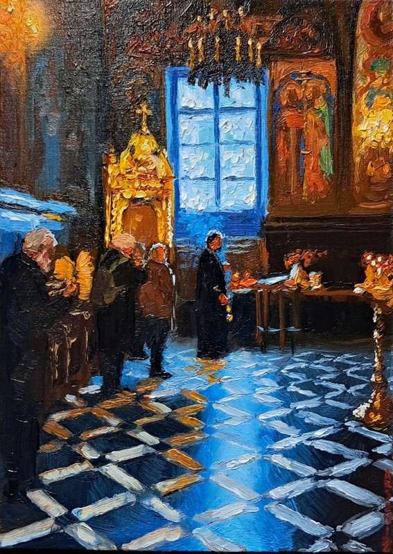Orthodox Church Interior – Original Oil Painting 30×21 cm | Religious Art