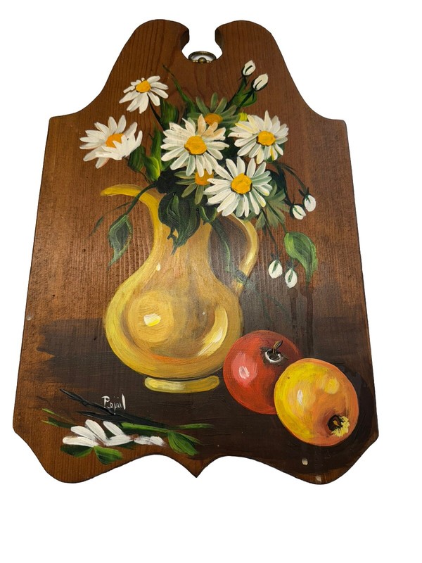 VTG Wood Wall Hanging Art Hand Painted Signed 11x 17 Farmhouse CottageCore Solid