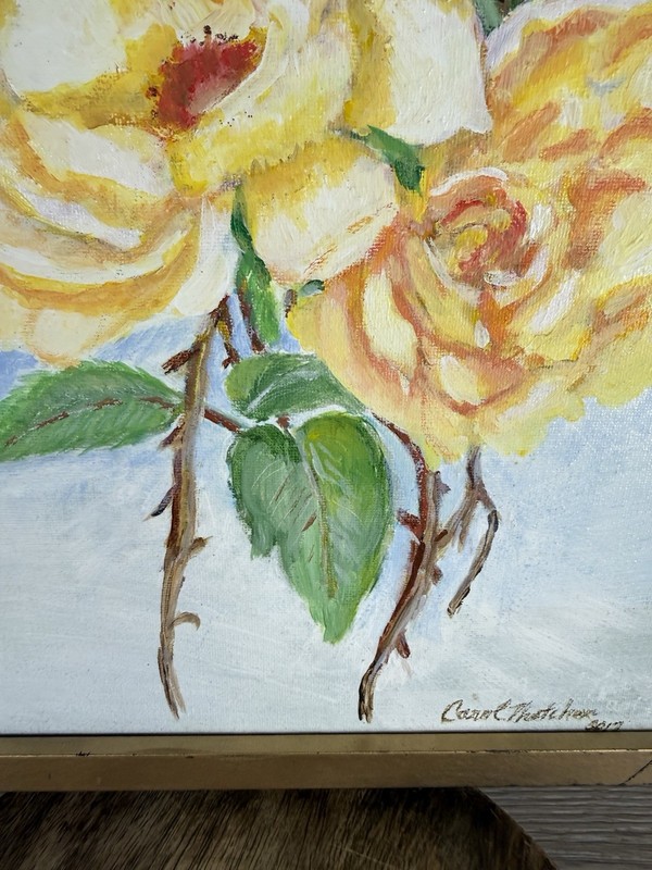 Yellow Rose Painting Signed Framed Floral Still Life Wall Decor 12x14.5 gallery