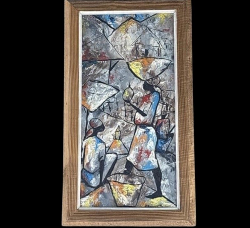 Famed Haitian Cubist Painter Paul Beauvoir Signed Oil Painting on Board 18”x10”