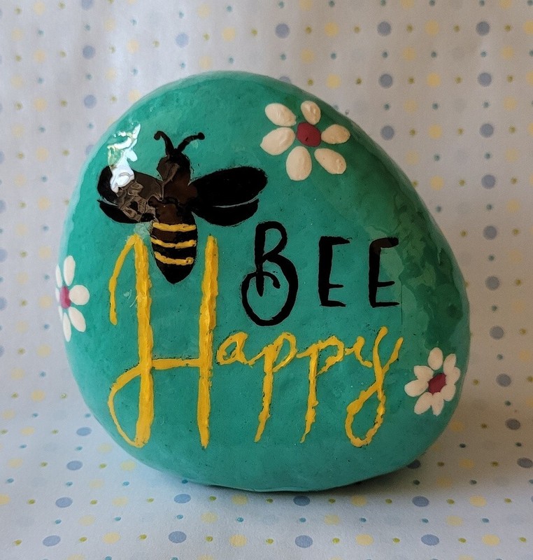 Newly Painted Rock: BEE HAPPY 3×3 inches – Paperweight Garden Patio Decoration