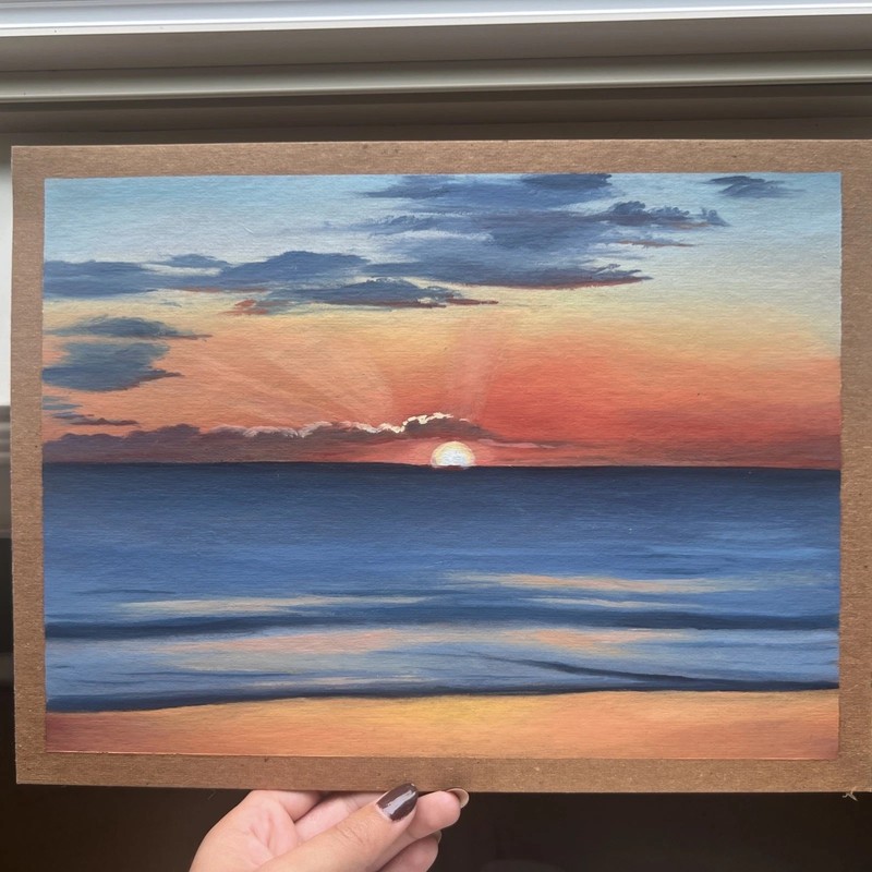 original Painting Of A Beach At Sunset, Oil On Board