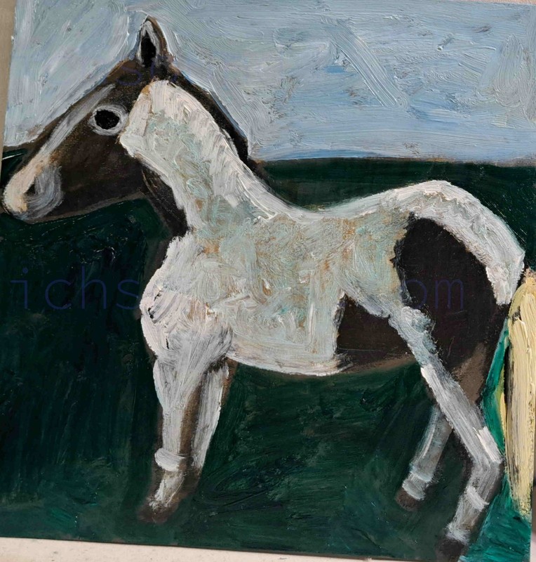 Original horse oil painting on wood panel, signed on the back