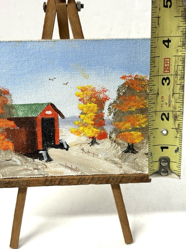 Vintage Miniature Oil Painting Covered Bridge on Wooden Easel Shelf Decor 5x4 in gallery