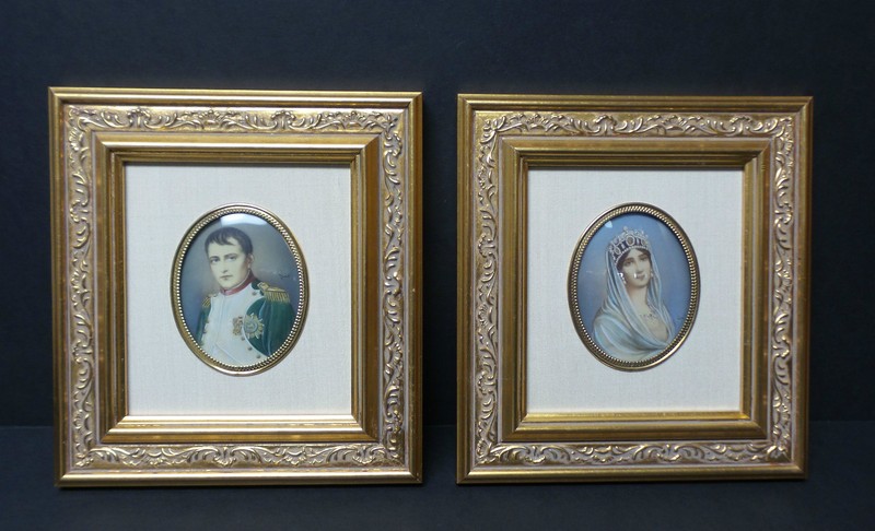 Pair 19th C. Napoleon & Josephine Signed Porcelain Portraits, Custom Framed