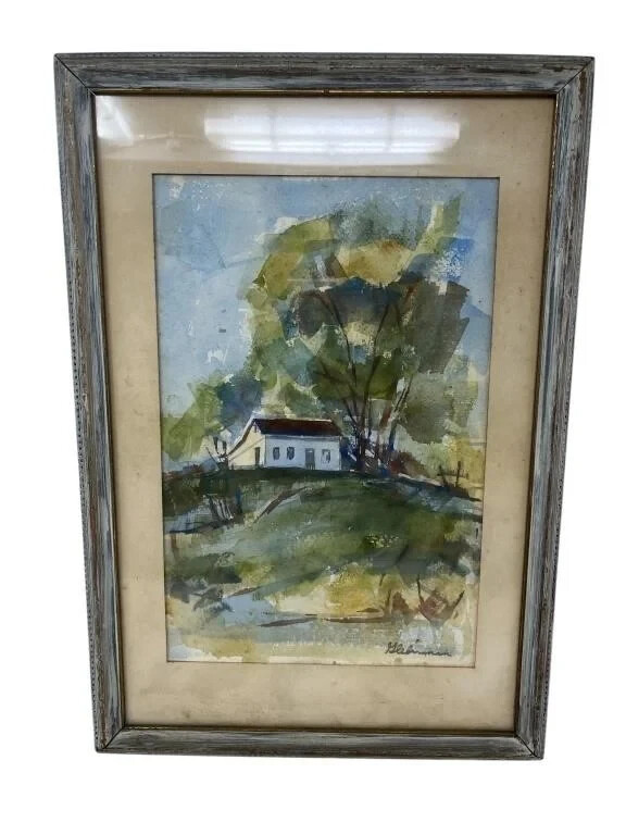 Nice Vintage Gleberman original watercolor art rural landscape approx 11 x 16″